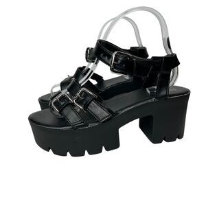 New Faux Leather Chunky Black Platform Sandals 8 Strappy Design